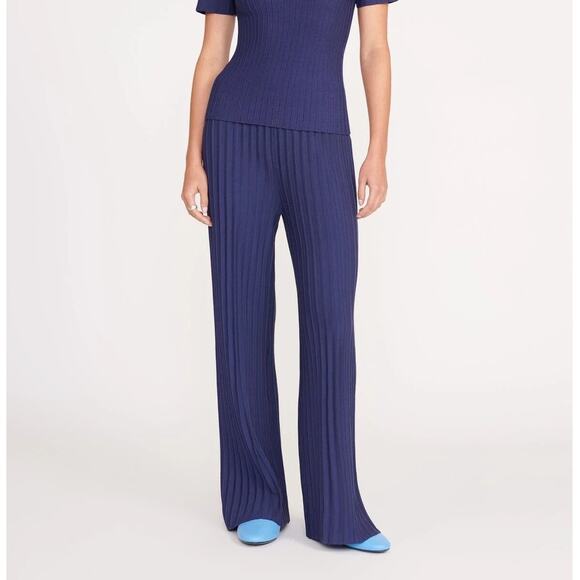 STAUD Women's Navy Pull On Straight Leg Pleated Compact Knit Lupin Pants - XS